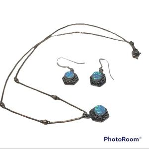 Silver set: earrings and necklace with blue Opal
